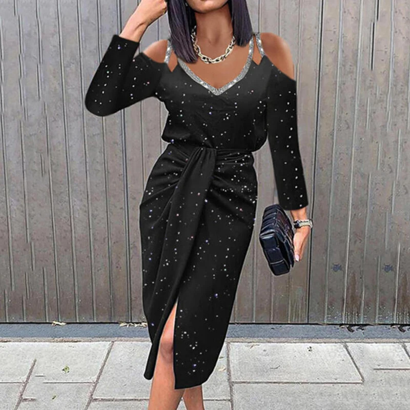 

Deep V-neck Solid Black Dress Tight Split Skirt Women's Strapless Long-sleeved Sexy & Club Dress Slim Fashion Lady Sexy Dress