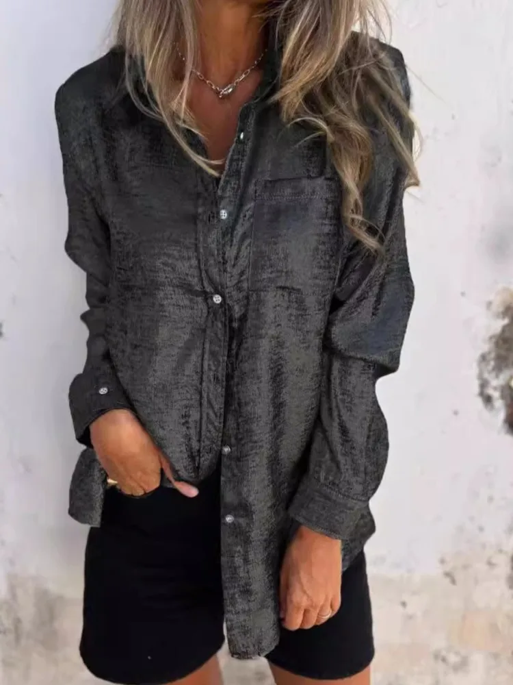 Весна-лето женская блестящая золотая модная блузка с длинными рукавами