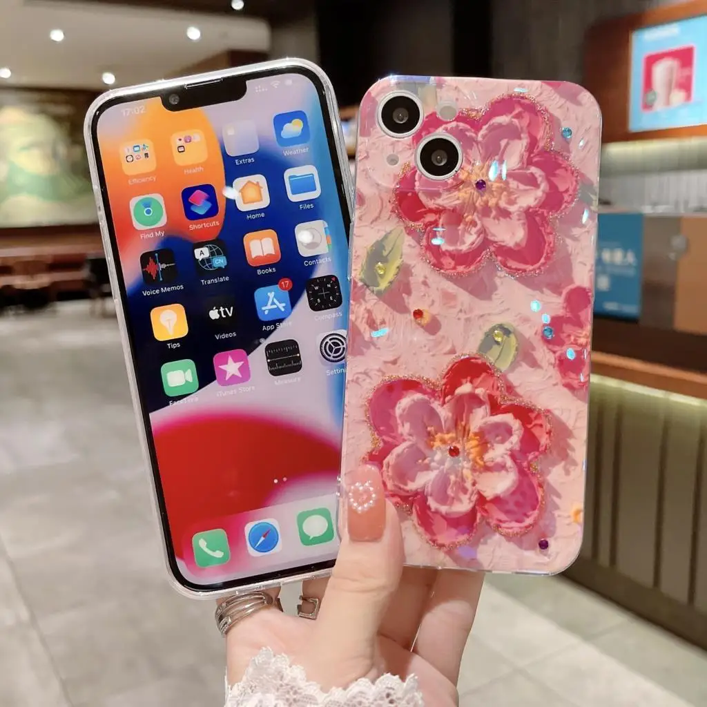 Fashion 3D Oil Painting Flower Diamond Phone Case For OPPO Reno 8 7 6 5 4 SE Z F K Pro Plus Lite Rhinestone Silicone Back Cover images - 6