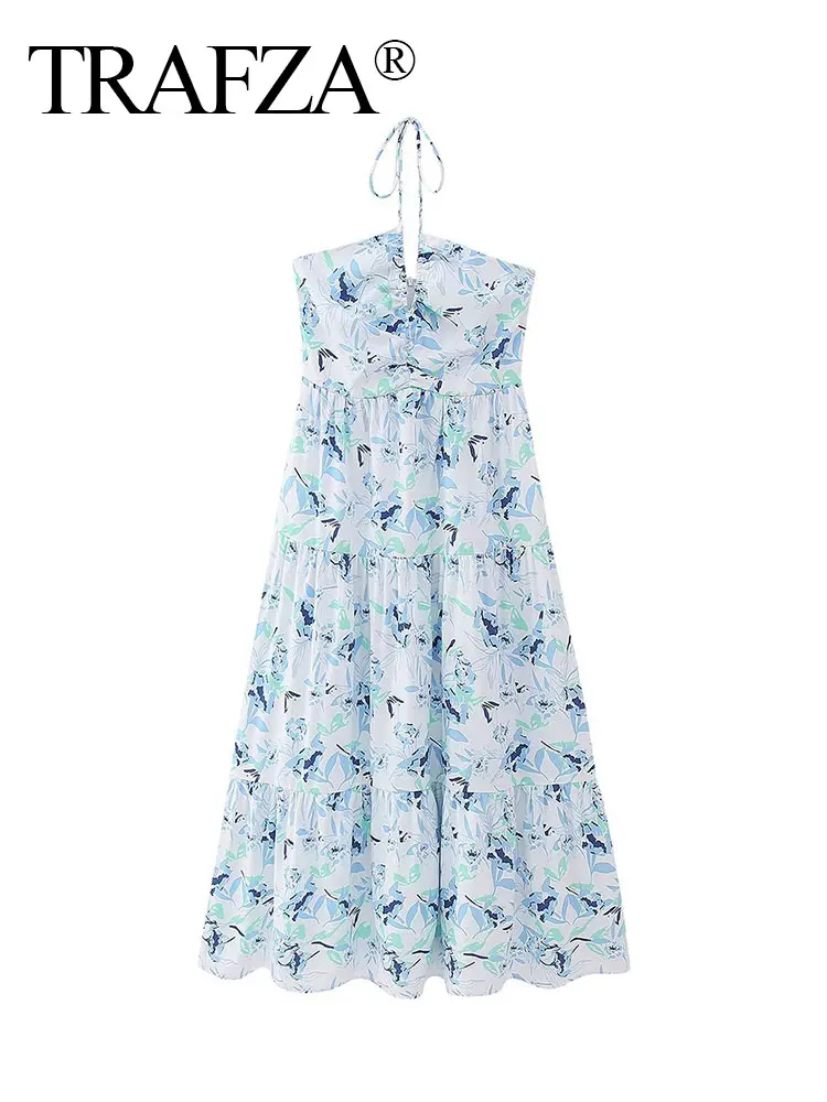 

TRAFZA Women's Summer Sexy Sweetheart Wrapped Chest Thin Shoulder Suspender Women's Dress Fresh Ruffle Printed Mid-Length Dress