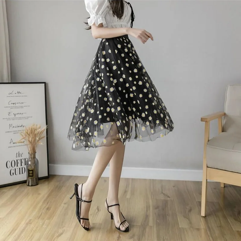 

Spring Summer Elastic High Waist Female Long Skirt Women Pleated Daisy Print Mesh Elegant All-match A-line Knee-Length Skirts