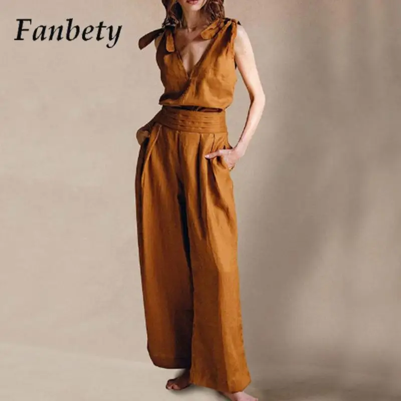 

Женский винтажный однотонный комплект из двух предметов, модный топ с V-образным вырезом и длинные брюки, женская летняя повседневная модел...