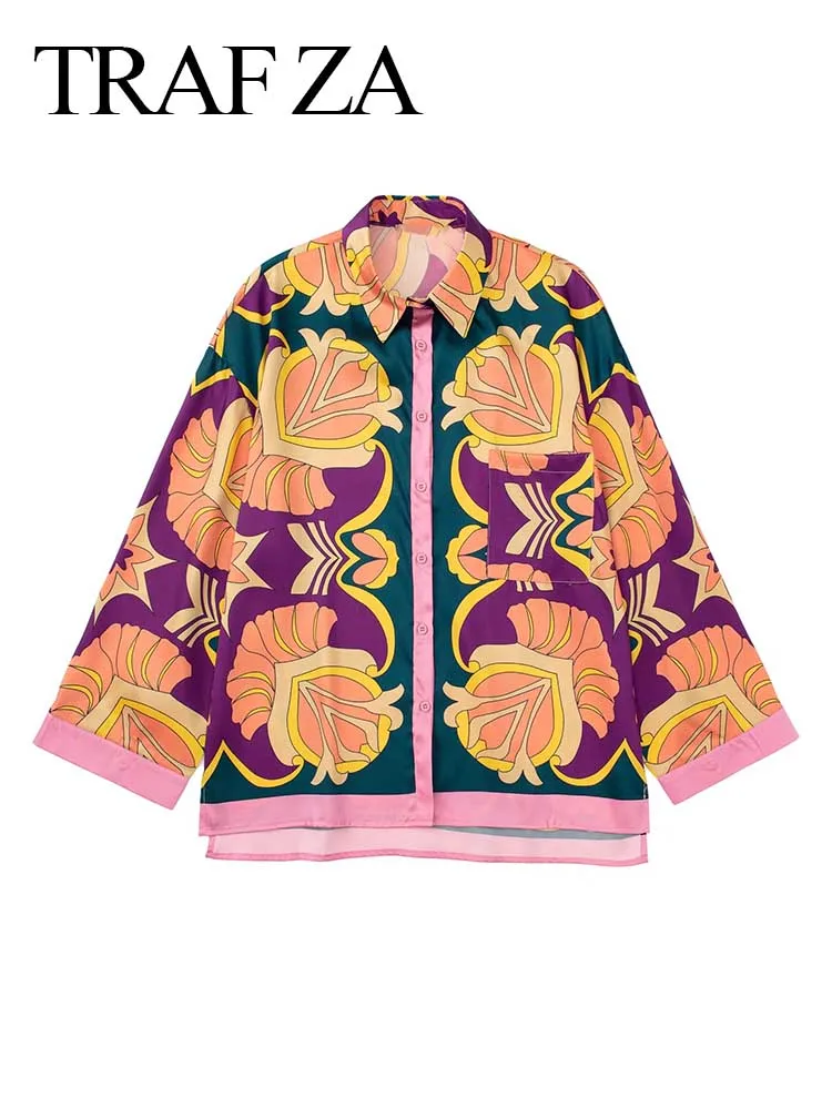 

TRAF ZA Color Print Minority Style Beach Casual Blouse Holiday Style Long Sleeve Lightweight Loose Skin-Friendly Ladies Shirt