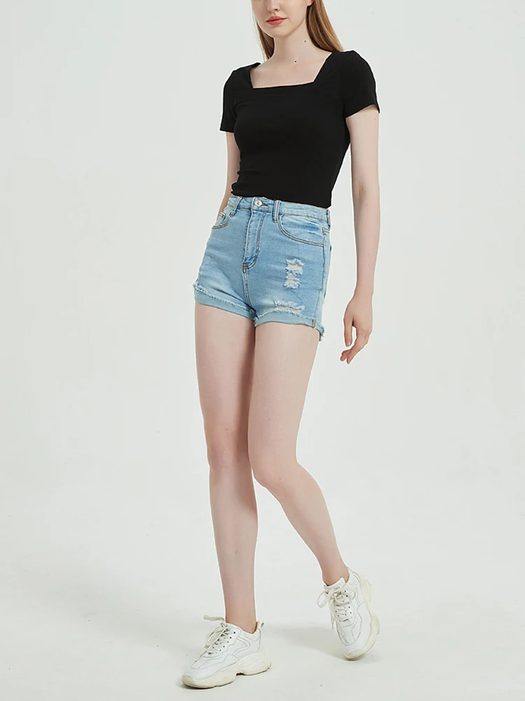 Women Vintage Hole Frayed Raw Hem Blue Denim Shorts Spring Summer Female Streetwear Button High Waist Jeans Shorts