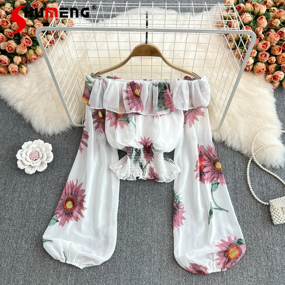 

New Women's Ruffled Off-Shoulder Printed Short Shirts for Seaside Korean Style Slimming Waist Long Sleeve Crop Top 2022 Spring