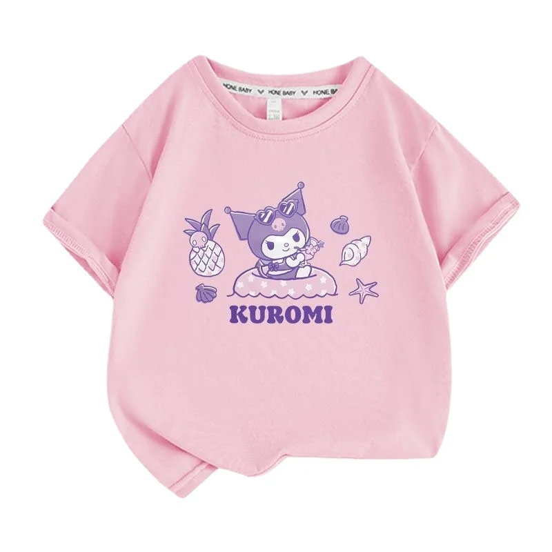 

Sanrio Kuromi Cute Short Sleeve T-shirt Girls 2023 New Summer Kawaii Cartoon Children Summer Clothes Trend Children's Clothing