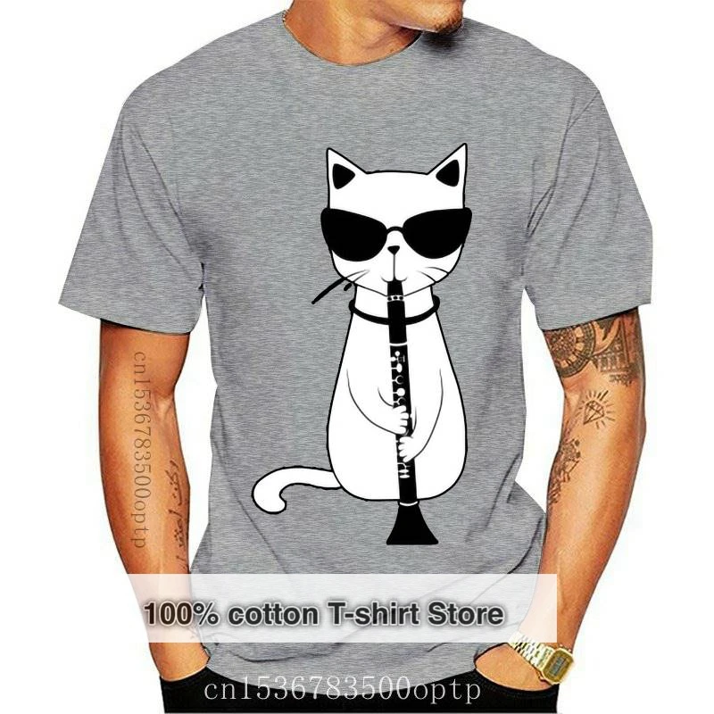 

New Men t-shirt Funny Cat Wearing Sunglasses Playing Oboe tshirt Women t shirt