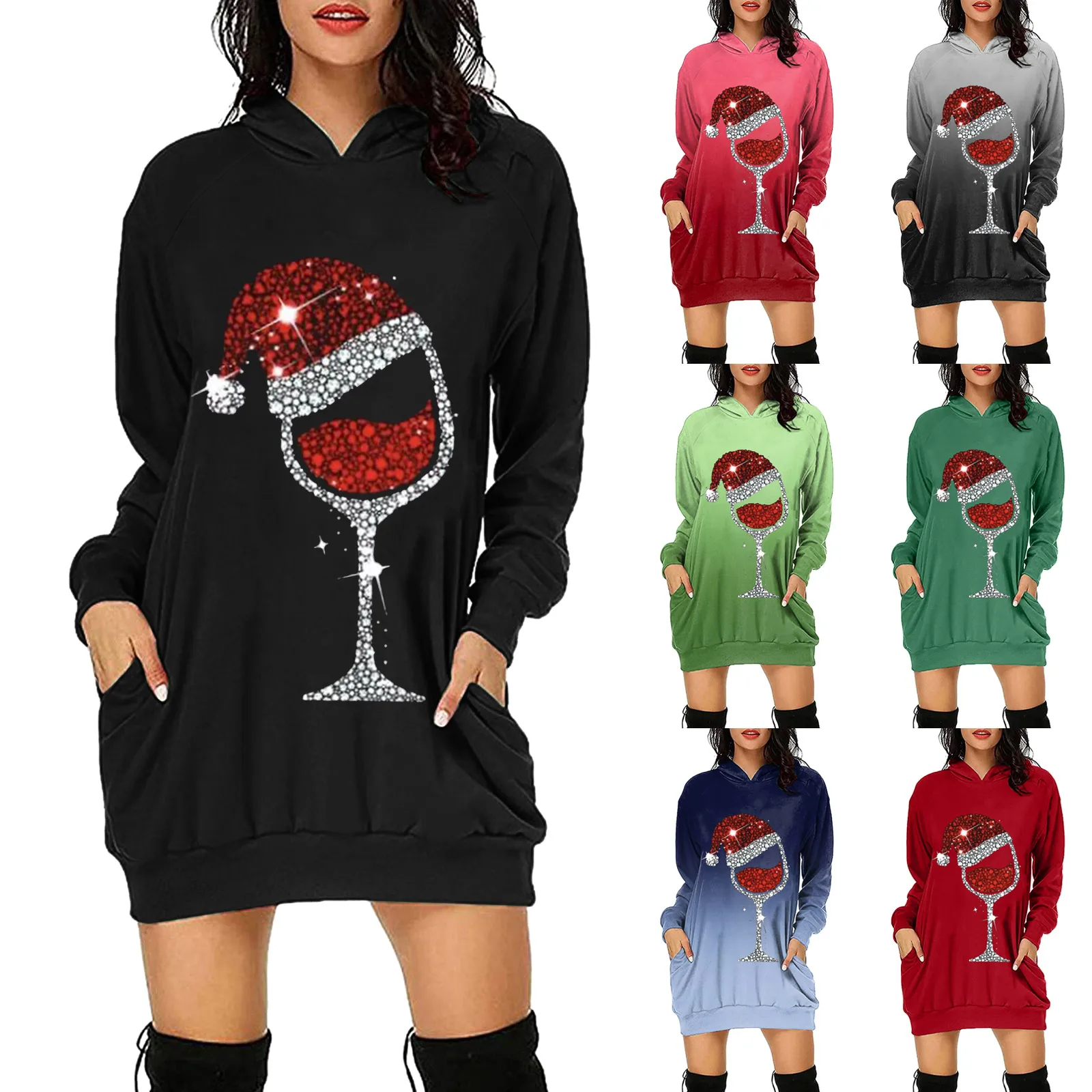 

Women Casual Long Sleeve Hooded Sweatshirt Pocket Pullover Dress Christmas Dress