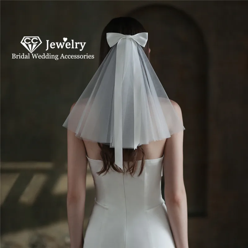 

CC Short Veils Wedding Accessories Women Hairwear Bridal Headdress Engagement Hair Ornaments Bow-know Shape Veil Romantic V664-1