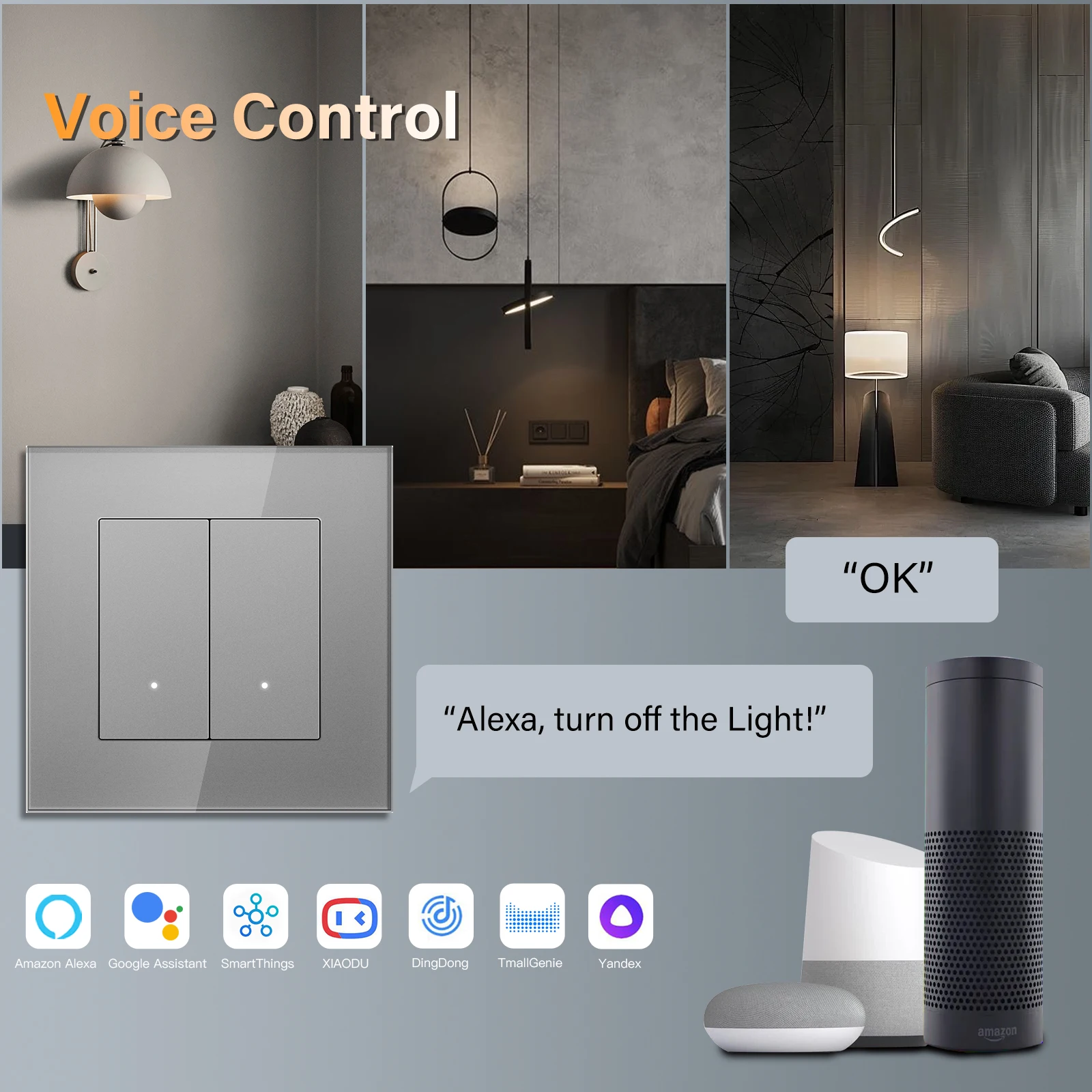Фото BSEED 1/2/3/4Gang 2-позиционный Wi-Fi выключатель света Smart Click Кнопочный переключатель Стеклянная панель Светодиодный индикатор Поддержка Tuya Smart Life Google Home №4