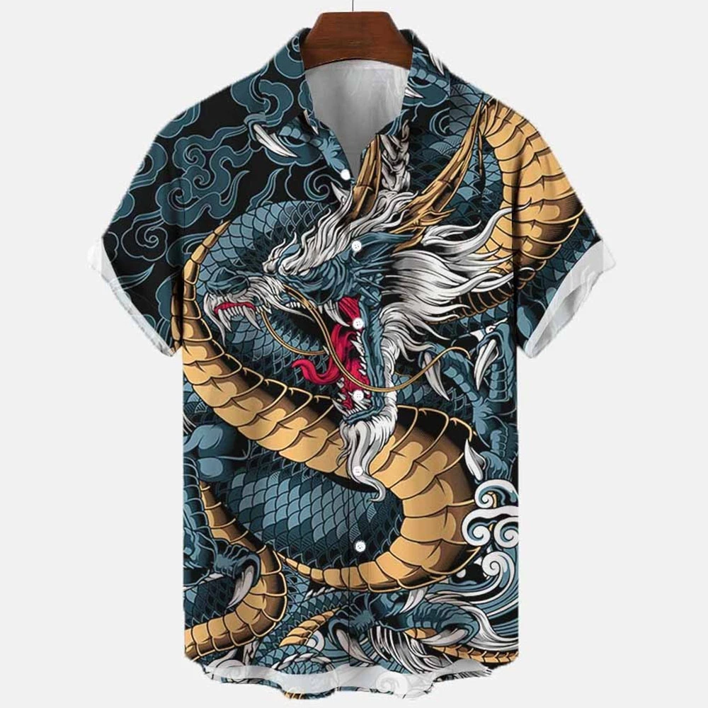 

2023 3d myth retro animal men's hawaiian shirt lapel men's shirt summer shirt lion fish dragon print short sleeve loose Eu