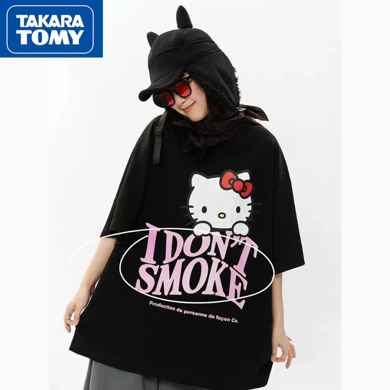 

TAKARA TOMY Hello Kitty Summer Cotton Over Sized Cartoon Print Couple Short-sleeved T-shirt Student Breathable Round Neck Top