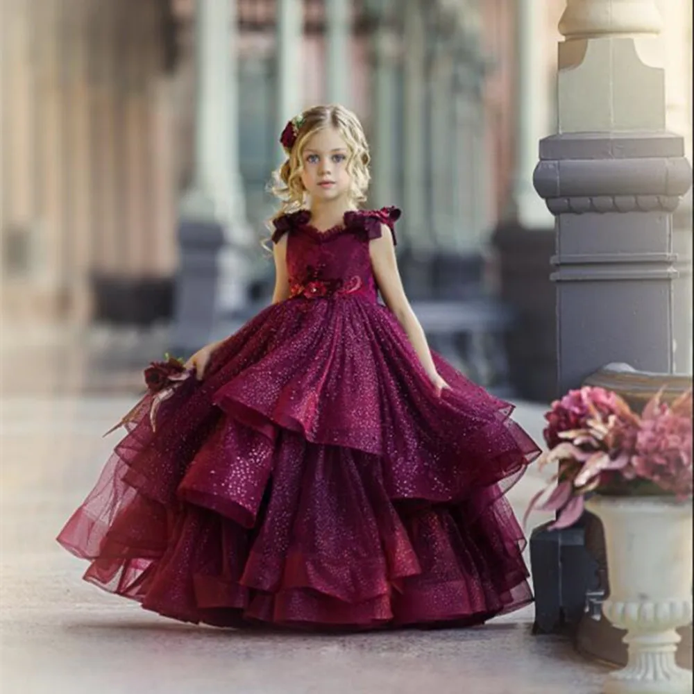 

Бордовые Платья с цветочным рисунком для девочек, свадебные платья с кружевными бусинами и 3d цветочной аппликацией для девочек, платья для торжественных мероприятий, платья для принцессы