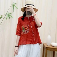 2022 women chinese traditional blouse female hanfu elegant cheongsam flower embroidery cotton linen blouse oriental tang suit