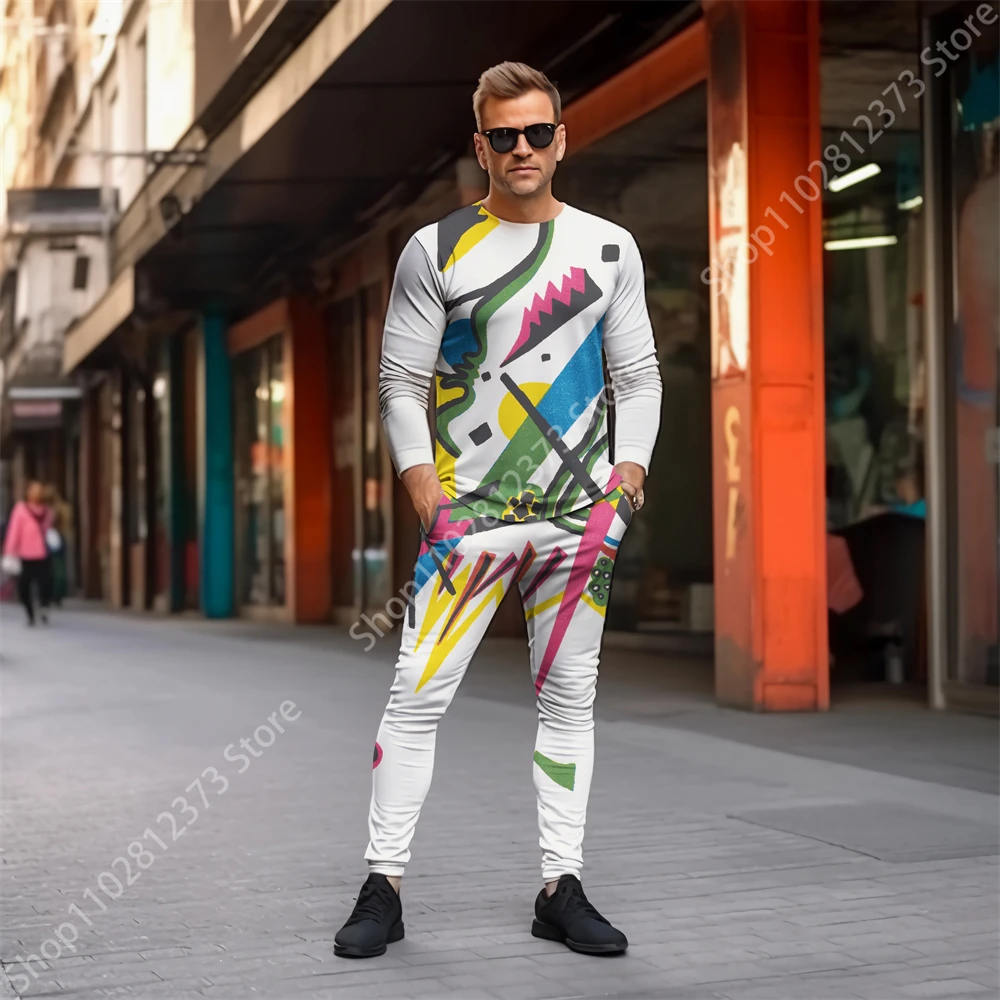 2023 Tracksuit Men Long Sleeve T-shirt Two Piece Set Men Fashion 3D Colorful Graffiti Printing Casual Streetwear Clothes For Men