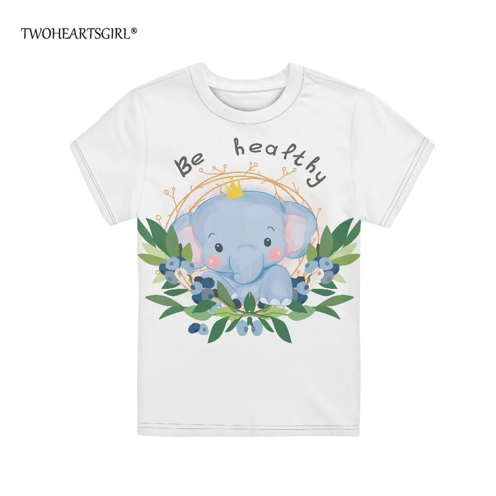 

Twoheartsgirl Summer Cute Elephant with Wreath Pattern Kids Short Sleeve Streetwear Comfortable Children Boys and Girls T-shirt