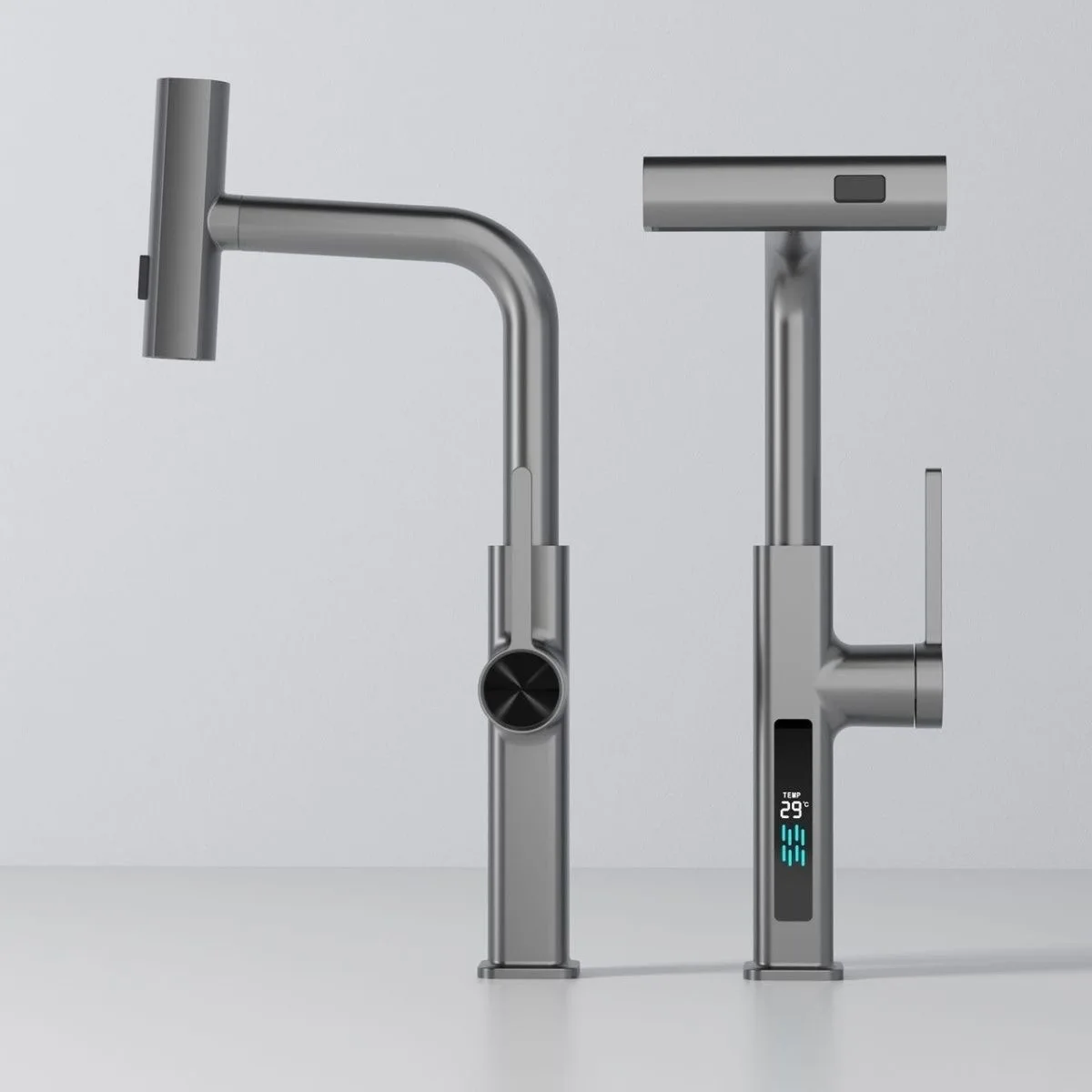 

Серый кухонный кран с холодным и горячим дождем, вращающийся смеситель для мытья посуды с одним отверстием, смеситель для раковины с цифровым дисплеем