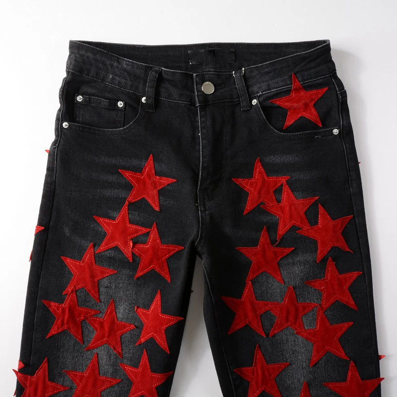 New Mens Black Slim Fit Streetwear Fashion Distressed Denim Pants Skinny Stretch Red Stars Leather Stars Patchwork Ripped Jeans