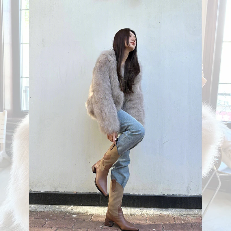 Овсяно-серый универсальный изящный верхняя одежда из искусственного лисьего