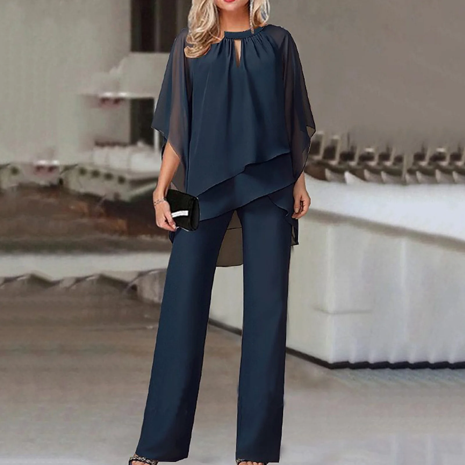 

Summer Women Solid Color Two Piece Set Batwing Sleeve Asymmetrical Hem Top Pant Suit Soft Loose Fit Ladies Casual Wear