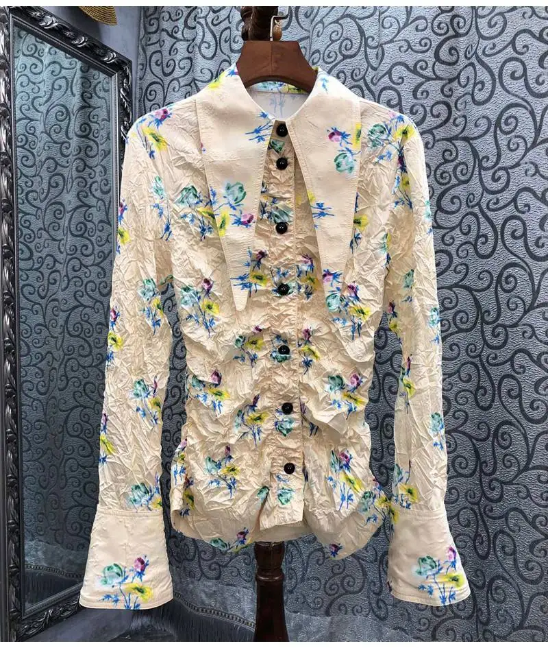 100%Cotton Shirts 2022 Autumn Style Blouses Womne Turn-down Collar Elegant Floral Prints Pleated Patterns Long Sleeve Shirts