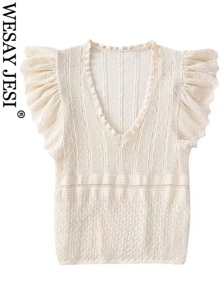 

WESAY JESI Elegant Knitted Sweater Vest Solid Color Beige Hollow Pleated Short Flying Sleeve Round Neck Slim Skin-friendly Women