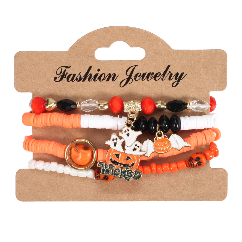 łami Halloween Wielowarstwowe nietoperze Dynia Pająk Dangle Bransoletka Ręcznie robione koraliki Prezent na imprezę świąteczną 4-częściowy