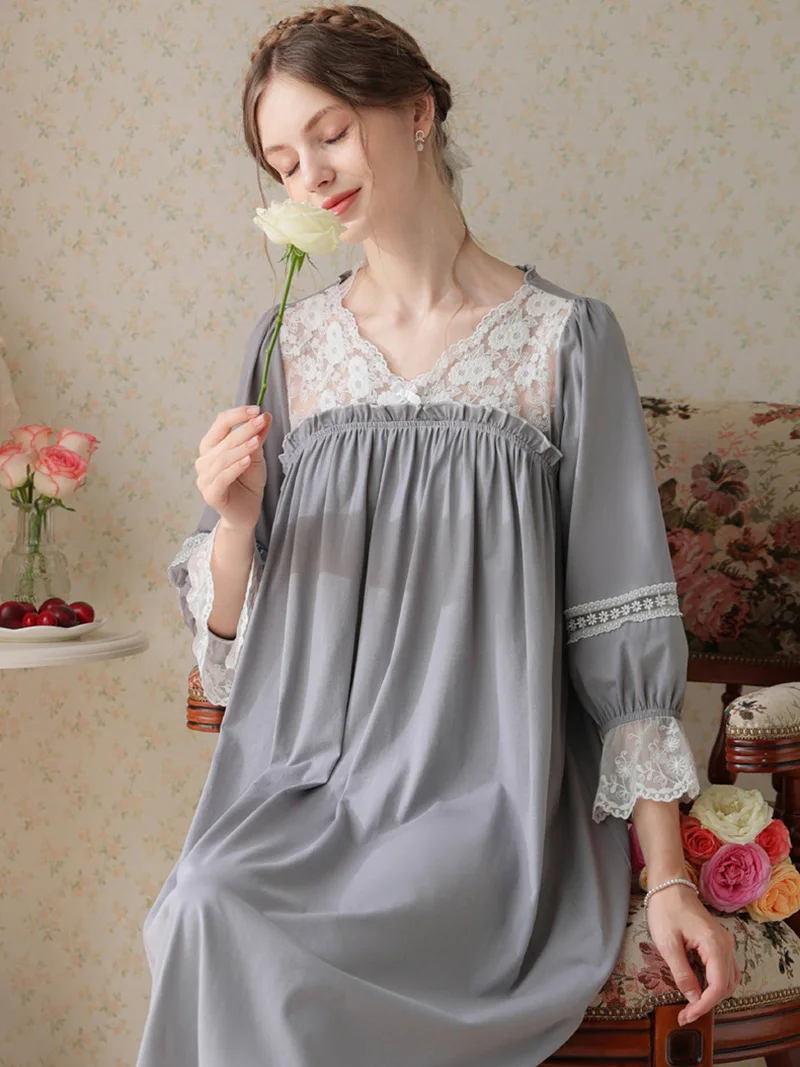 Women Pure Cotton Lace Ruffles Princess Nightgowns Robe V-Neck Long Victorian Romantic Vintage Sleepwear Nightdress Homewear