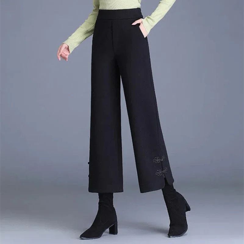 Модные осенне-зимние шерстяные брюки женские Однотонные эластичные прямые в