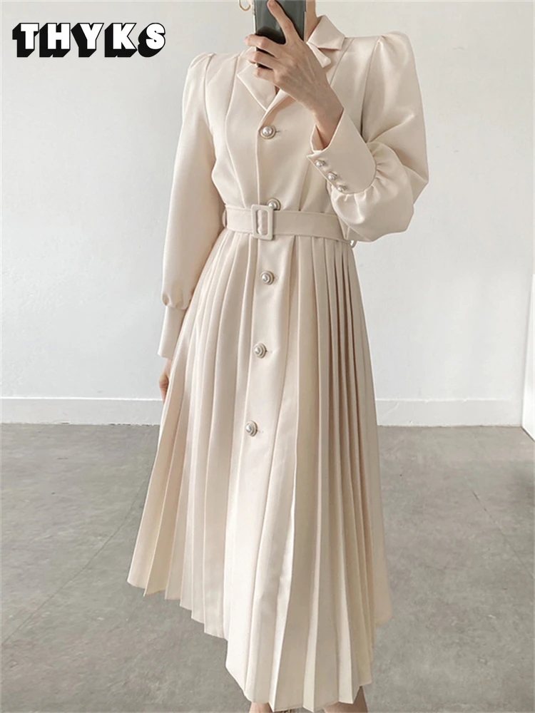 

Элегантный женский костюм, костюм с вырезом на воротнике, однобортное офисное плиссированное платье миди с длинным рукавом и высокой талией, модное женское платье