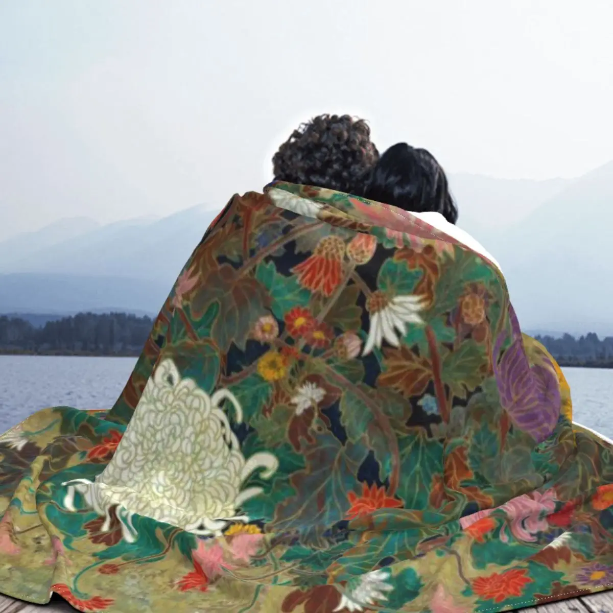 Цветочная японская картина: ультрамягкое одеяло из микрофлиса