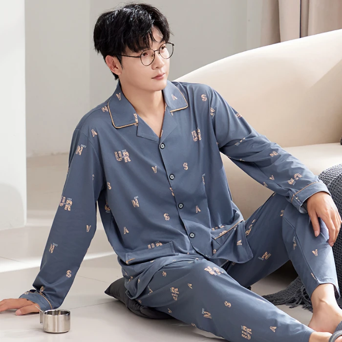 Мужские пижамы хлопковые осенние брюки с длинным рукавом кардиган на весну и
