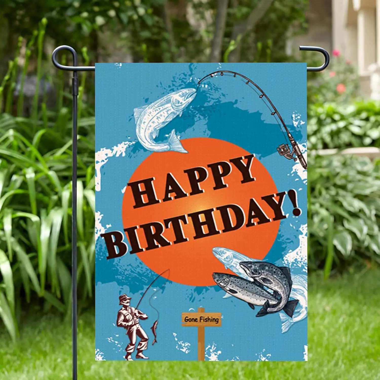Фото Флаг для сада Kimini-Ki Gone Fishing Happy Birthday, флаг для сада на день рождения рыбака, украшение в рыбацкой тематике для мужчин и мальчиков Yar EEZ №1