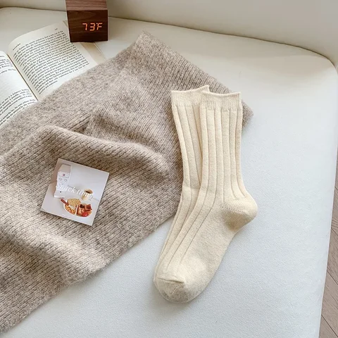 Зимние теплые носки, плотные шерстяные носки, однотонные полосатые носки, осенние спортивные чулки, женские чулки в Корейском стиле