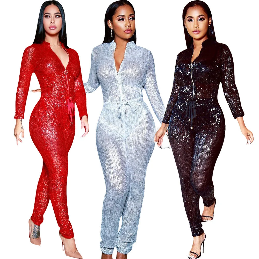 Women Sequins Silver Red Zip Up High Wait Sashes Long Sleeve Jumpsuit Bodycon Sexy Classic Playsuit S-3XL