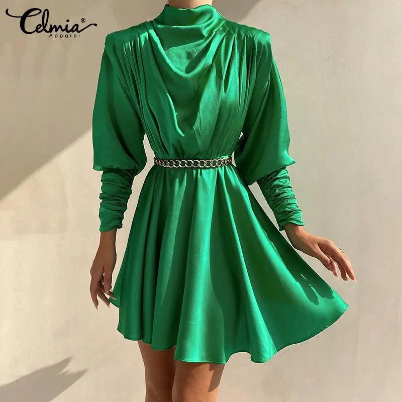 

Celmia женское атласное мини-платье с длинным рукавом фонарик 2022 Элегантное короткое платье с высоким воротником с накладками и плечами модно...