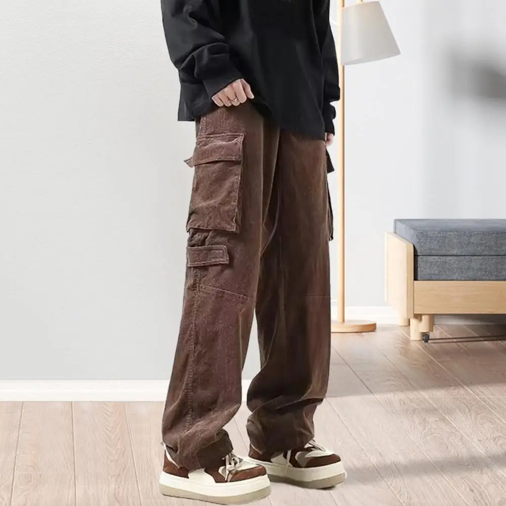 

Popular Men Trousers Polyester Men Straight Pants Skin-affinity Vintage Japanese Style Multiple Large Pockets Pants Dressing