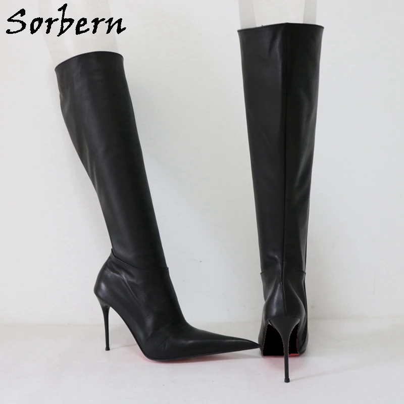 Sorbern Cow Leather Women Boots Knee High Pointed Toe 10Cm -12Cm High Heel Stilettos Real Leather Lining Soles Custom Legs