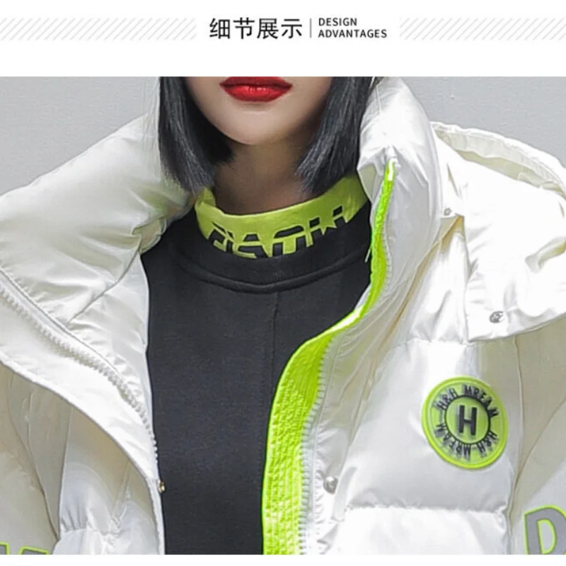 Fashion Down Jackets for Men and Women Mid-length Knee Wrap Hip Hooded Stitching Color Print Couples Coat New Thickened Bread