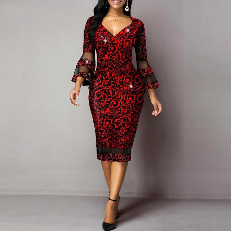 

Summer V-Neck Mesh Stitching High Waist Midi Dress Sexy Floral Print Bodycon Party Dresses Red Club Outfits Luxury Vestidos