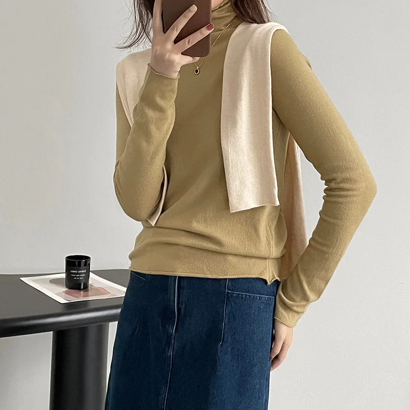 

Women's Slim Form Fitted Skin Friendly Pile Collar Elastic Thin Tops