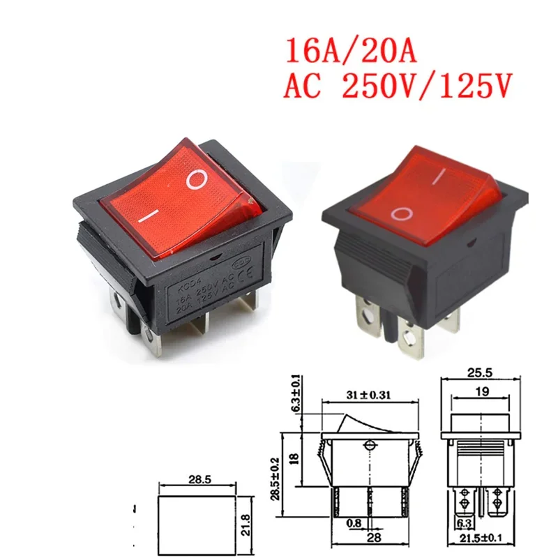 

5 шт. переключатель питания KCD4, 6 контактов, 4 контакта, 3 положения, 2 положения, с светильник кой, 16 А, 250 В переменного тока, 20 А, 125 В переменного тока, стрелка сбрасывается