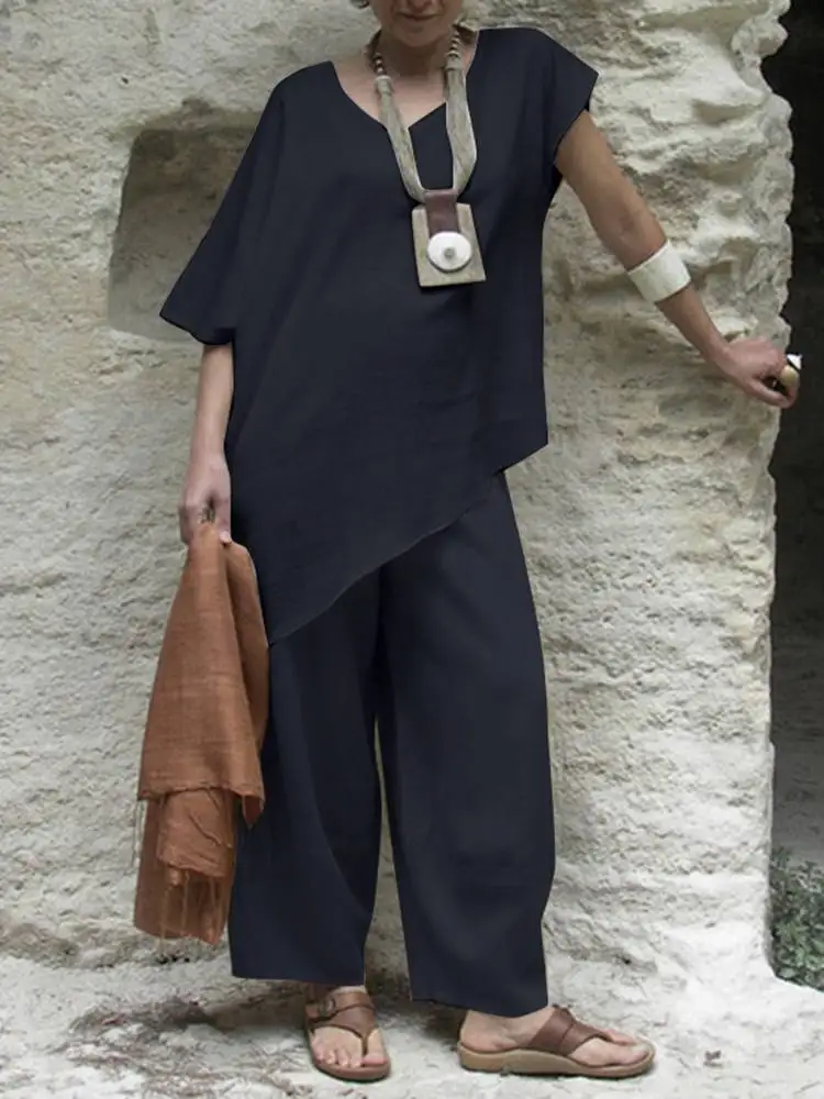 

2PCS ZANZEA Fashion Women Short Sleeve Asymmetrical Blouse Pant Sets Summer Solid Tracksuit Outifits Casual Loose Matching Sets