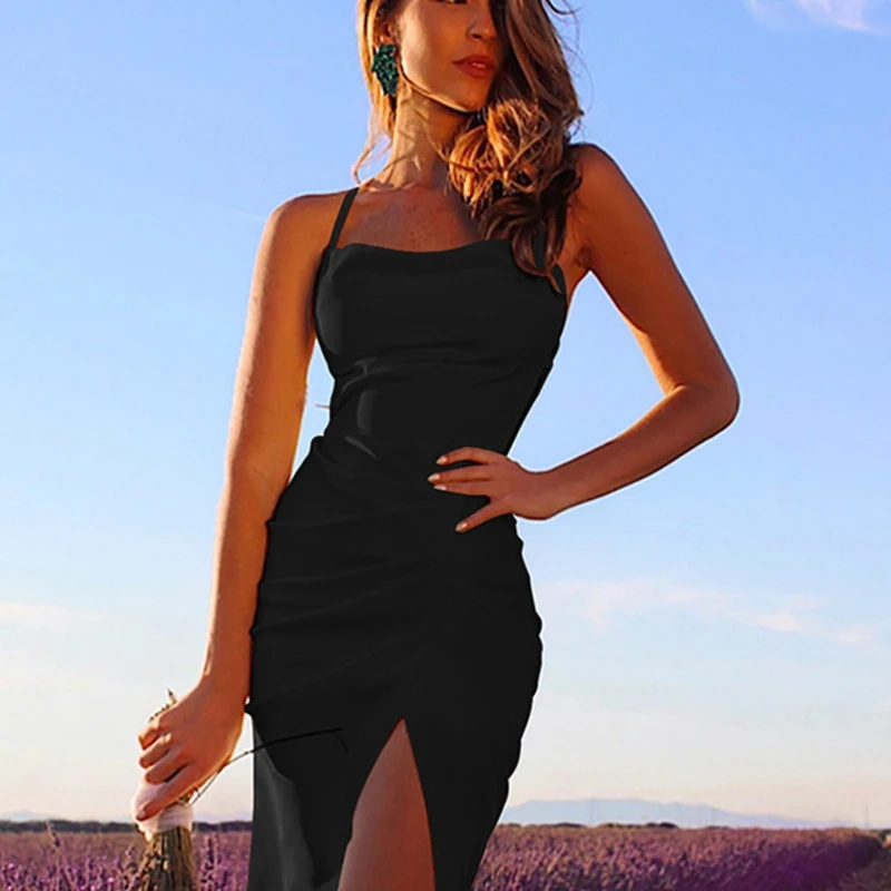 

Women Spaghetti Strap Sexy Cowl Neck Mini Cami Dress Solid Color Crisscross Strappy Backless Ruched Side Slit Party Gown