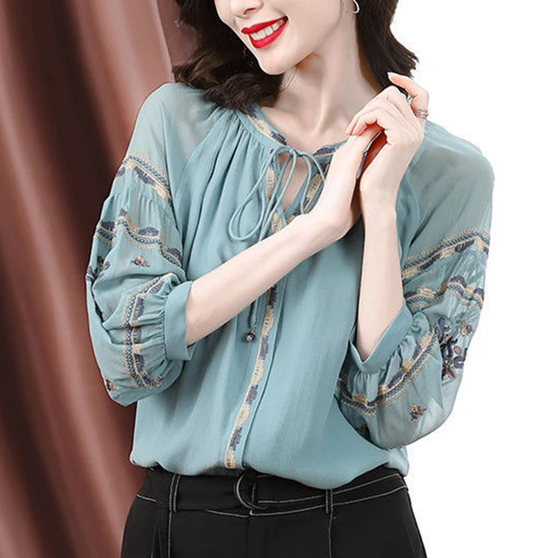 silk shirt women's spring and summer 2020 new design retro embroidery three-quarter sleeve loose women's top