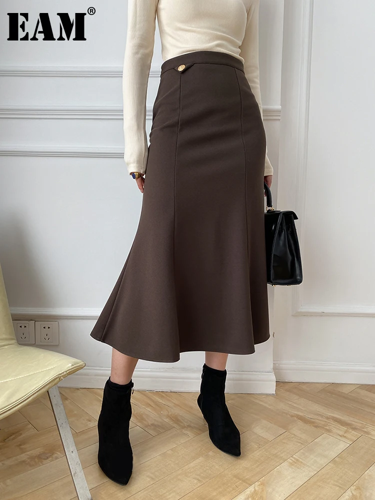 

[EAM] черная элегантная Длинная шерстяная юбка на пуговицах с высокой талией и оборками, женская модная юбка, новинка осень-зима 2022, 1DF2864