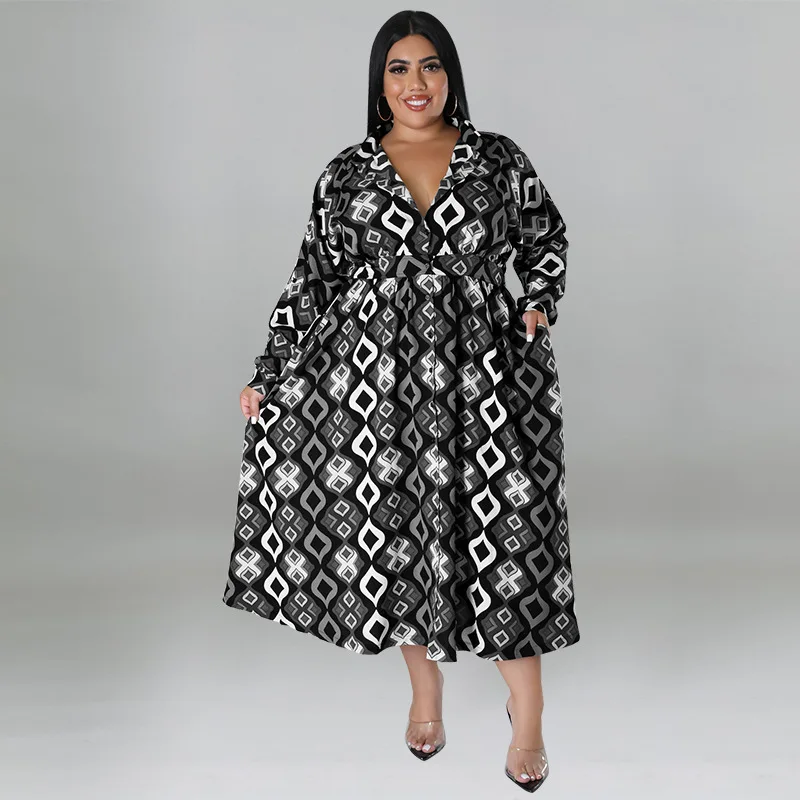 Plus Size Women's Clothing Fall 2022 Long Sleeve Swing Print Casual Sexy Ladies Shirt Dress with Belt XL-5XL Oversized