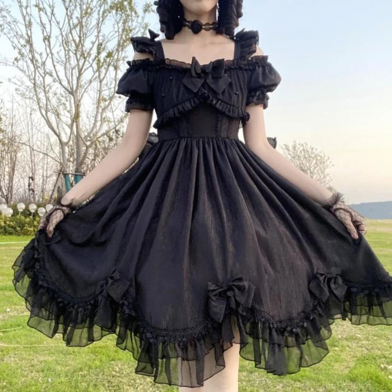 Japanese Victorian Vintage Lolita Dress Women Cute Bow Sexy Backless Evening Party Dresses Girl Gothic Black White Elegant Dress