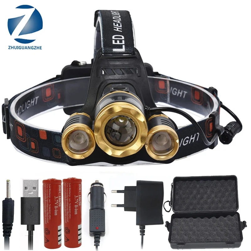 Super Bright LED Headlamp Headlamp Zoomable Adjustable 1*T6 and 2*Q5 USB Rechargeable Headlamp Torch Using 18650 Battery 748
