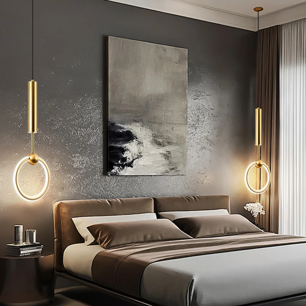

Bedside chandelier post-modern minimalist creative bar counter master bedroom long dining room bar single head golden chandelier